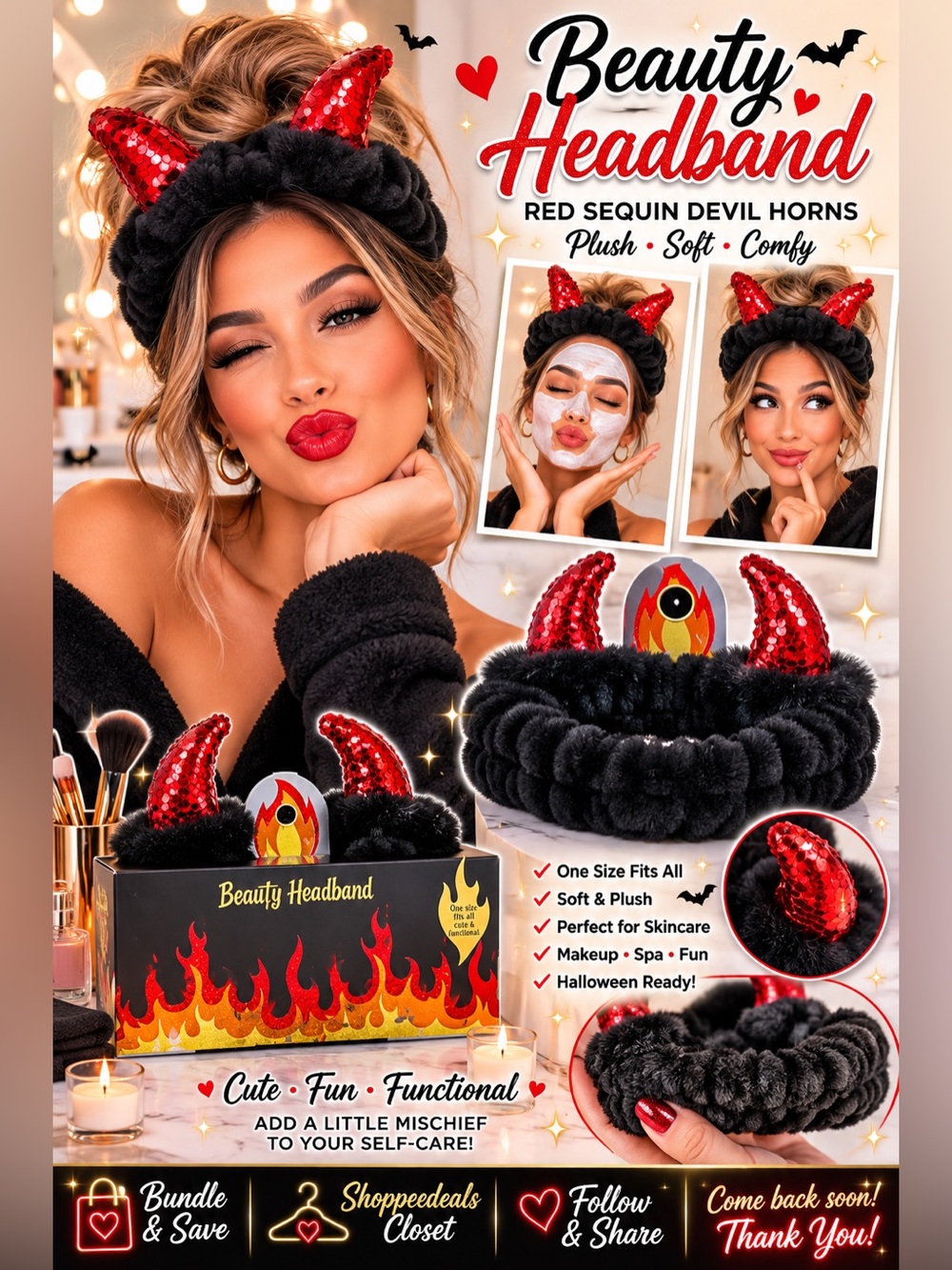Beauty Headband with Red Sequin Devil Horns – Plush Spa & Makeup Headband – NWT